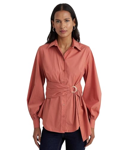 Lauren Ralph Lauren Tie Front Cotton-Blend Shirt Pink Mahogany LG